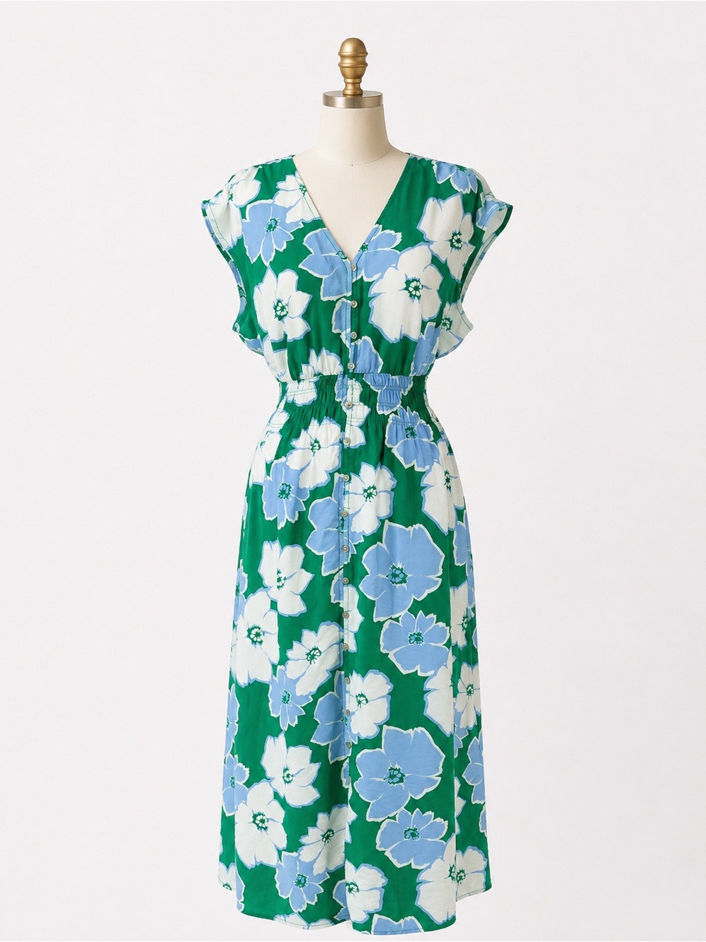 Floral Midi Dress Pockets Blue Green Cottagecore Coastal Grandma Medium
